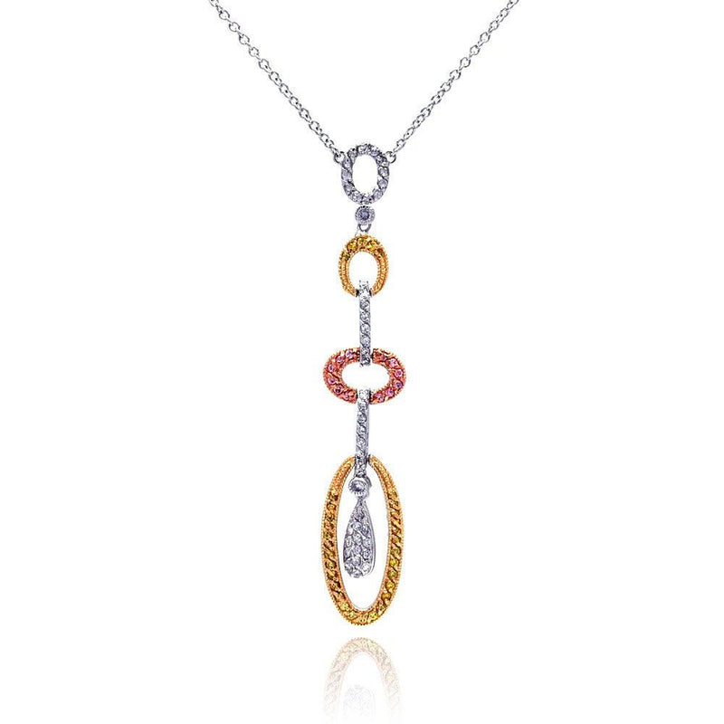 Silver 925 Rhodium, Gold, and Rose Gold Plated Multi Open Oval Multi Colored CZ Pendant Necklace - BGN00010 | Silver Palace Inc.