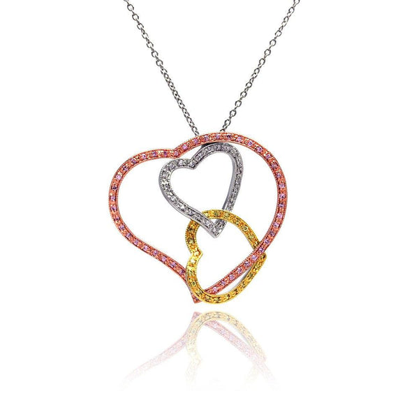 Closeout-Silver 925 3 Toned Open Layered Heart Multi Colored CZ Pendant Necklace - BGN00011 | Silver Palace Inc.