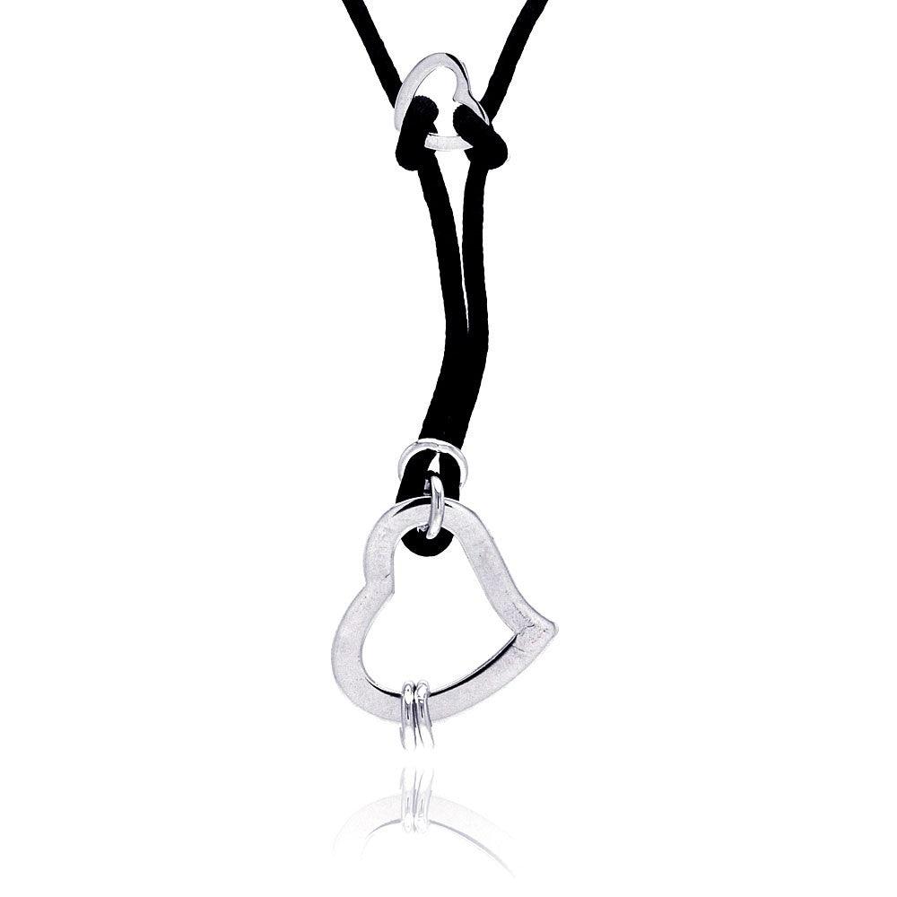 Closeout-Silver 925 Rhodium Plated Open Heart Black Cord Pendant Necklace - BGN00016 | Silver Palace Inc.