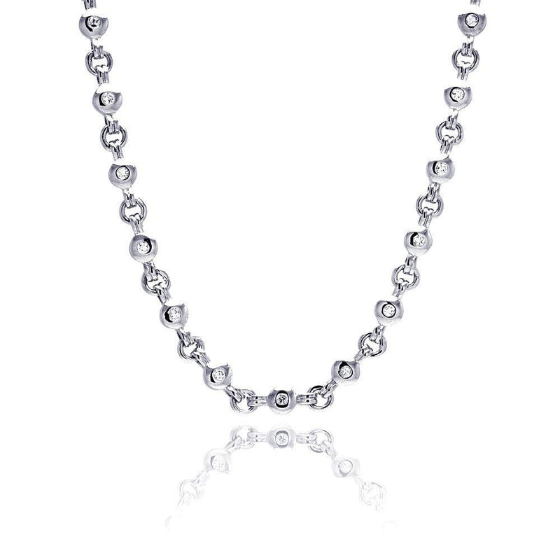 Closeout-Silver 925 Rhodium Plated Clear Round CZ Link Necklace - BGN00017 | Silver Palace Inc.
