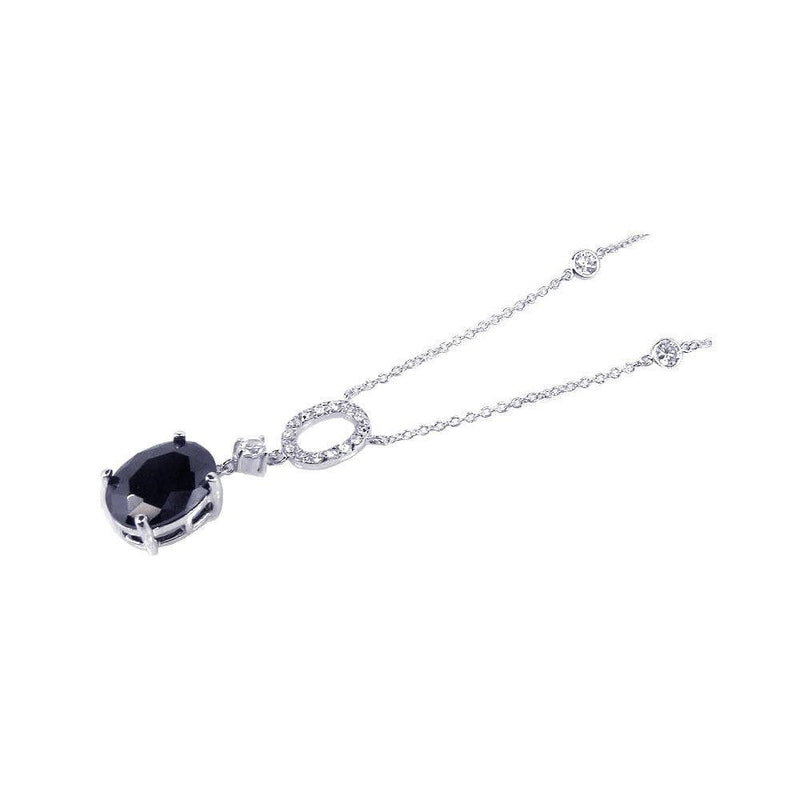 Closeout-Silver 925 Rhodium Plated Black Oval and Clear CZ Drop Pendant Necklace - BGN00022 | Silver Palace Inc.