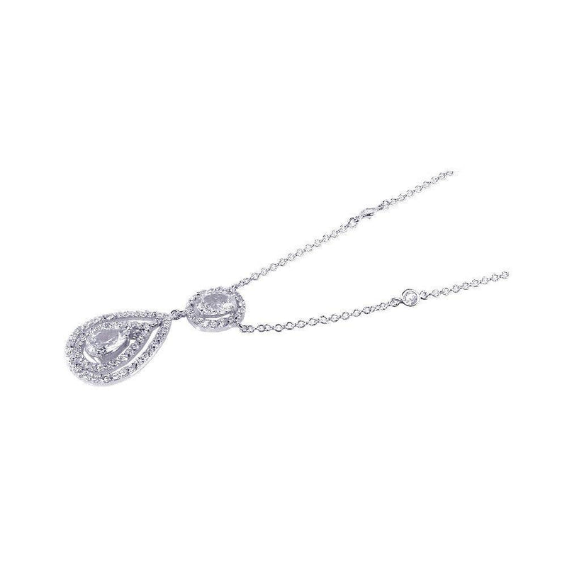Closeout-Silver 925 Rhodium Plated Clear Teardrop and Round CZ Antique Pendant Necklace - BGN00023 | Silver Palace Inc.