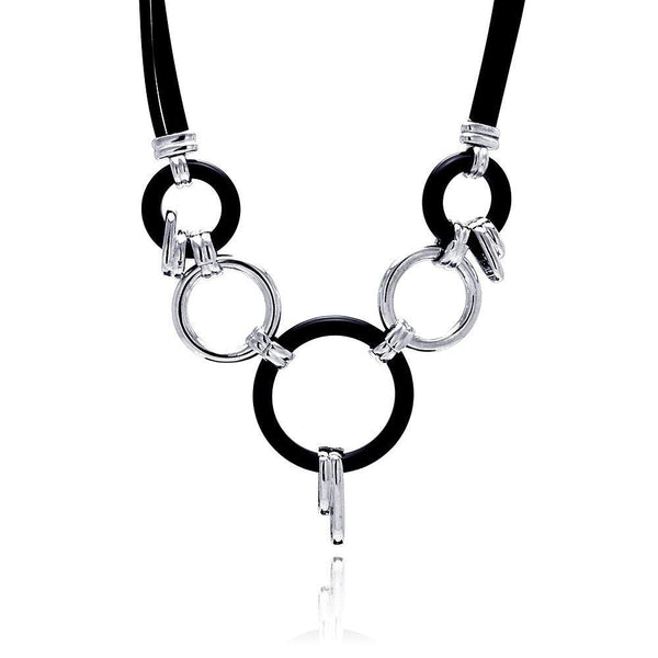 Closeout-Silver 925 Rhodium Plated Black Rubber Open Multi Circle Black Cord Pendant Necklace - BGN00026 | Silver Palace Inc.