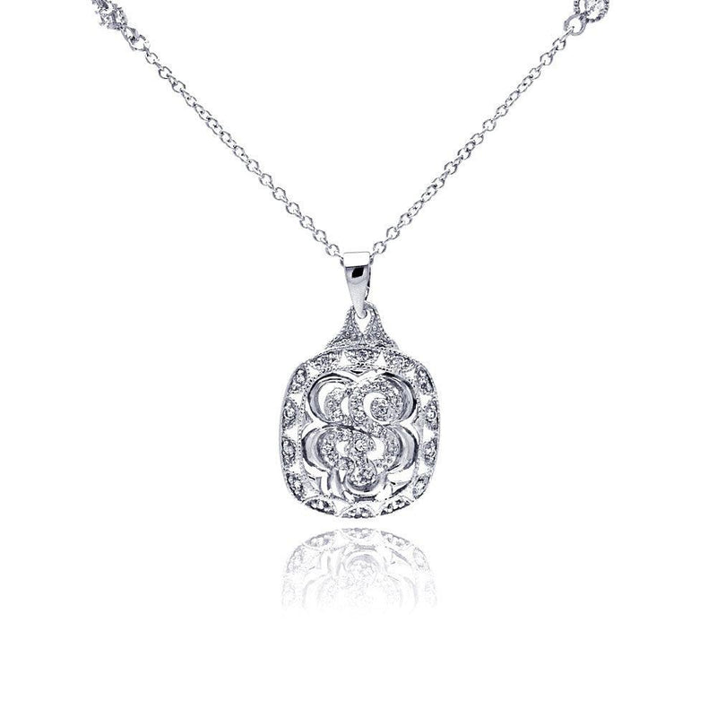 Closeout-Silver 925 Rhodium Plated Open Square Antique Clear CZ Pendant Necklace - BGN00047 | Silver Palace Inc.