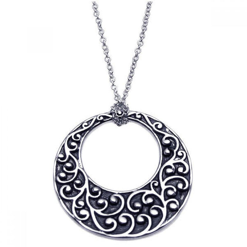 Closeout-Silver 925 Rhodium Plated Open Circle Flower Design Pendant Necklace - BGN00048 | Silver Palace Inc.