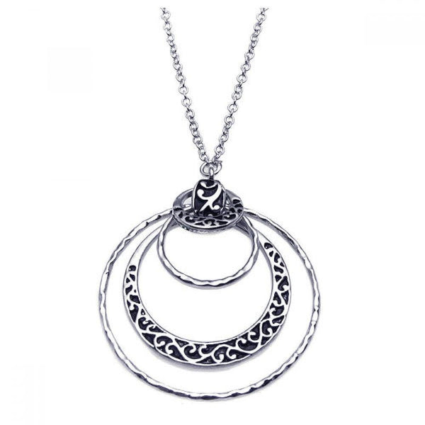 Closeout-Silver 925 Rhodium Plated Multi Open Circle Flower Design Pendant Necklace - BGN00049 | Silver Palace Inc.