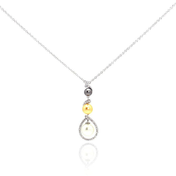 Silver 925 Rhodium Plated Multi Colored Pearl Clear CZ Drop Pendant Necklace - BGN00050 | Silver Palace Inc.