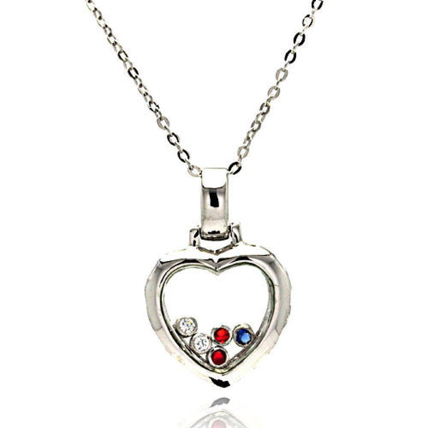 Silver 925 Floating Multi Color CZ Rhodium Plated Heart Pendant Necklace - BGP00005 | Silver Palace Inc.