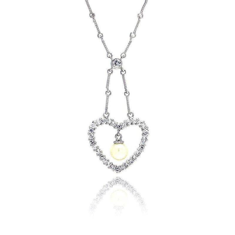 Closeout-Silver 925 Clear CZ Rhodium Plated Pearl Heart Pendant Necklace - BGP00026 | Silver Palace Inc.