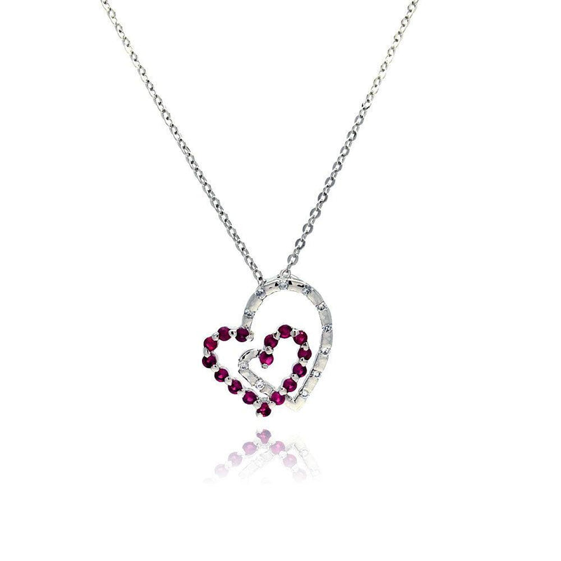Closeout-Silver 925 Red CZ Rhodium Plated Double Heart Pendant Necklace - BGP00028 | Silver Palace Inc.
