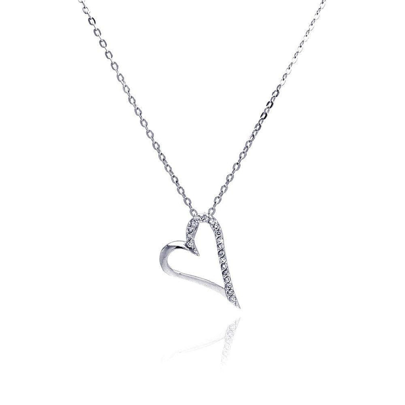 Silver 925 Clear CZ Rhodium Plated Open Heart Pendant Necklace - BGP00033 | Silver Palace Inc.