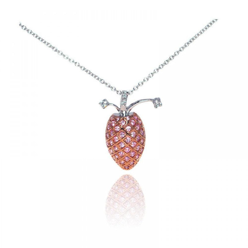 Closeout-Silver 925 Pink CZ Rose Gold and Rhodium Plated Pineapple Pendant Necklace - BGP00037PNK | Silver Palace Inc.