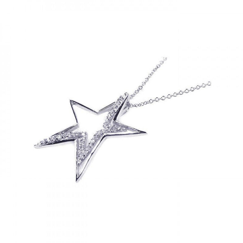 Silver 925 Clear CZ Rhodium Plated Star Pendant Necklace - BGP00042 | Silver Palace Inc.