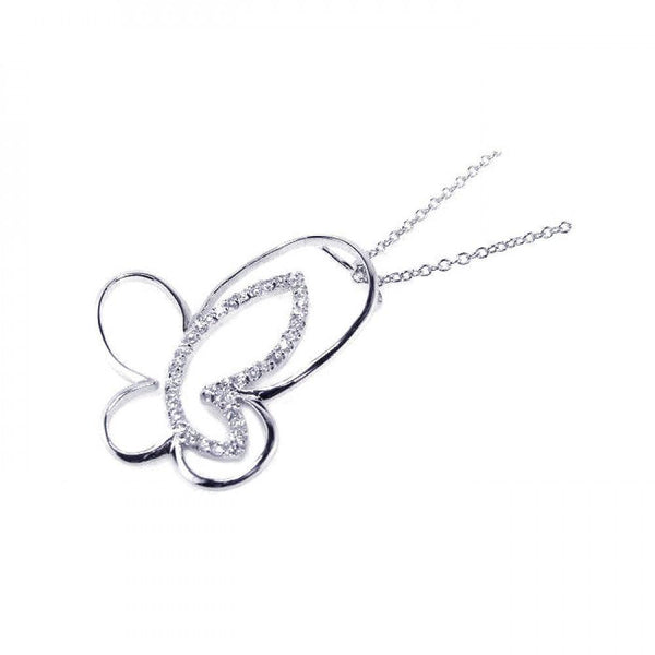 Silver 925 Clear CZ Rhodium Plated Butterfly Pendant Necklace - BGP00044 | Silver Palace Inc.
