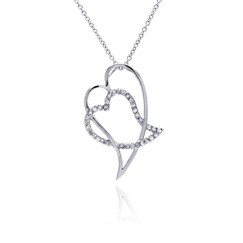 Closeout-Silver 925 Clear CZ Rhodium Plated Double Heart Pendant Necklace - BGP00047 | Silver Palace Inc.