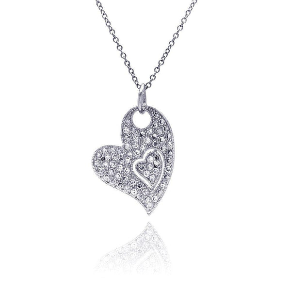 Silver 925 Clear CZ Rhodium Plated Heart Pendant Necklace - BGP00048 | Silver Palace Inc.