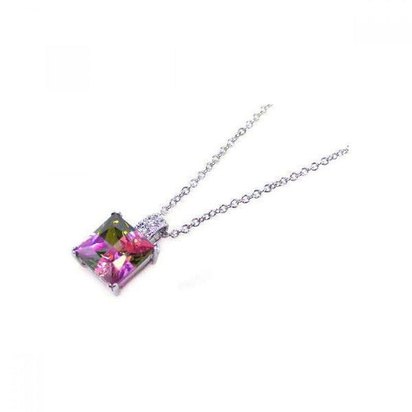 Closeout-Silver 925 Multi Color CZ Rhodium Plated Square Stone Pendant Necklace - BGP00051 | Silver Palace Inc.