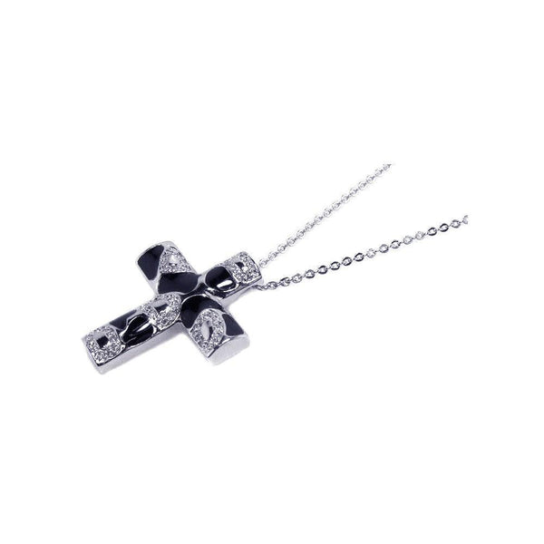 Closeout-Silver 925 Clear CZ Black Enamel Rhodium Plated Cross Pendant Necklace - BGP00057 | Silver Palace Inc.