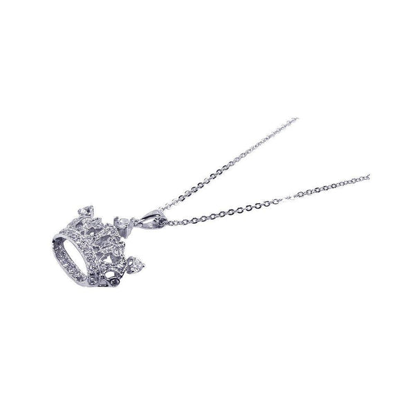 Silver 925 Clear CZ Rhodium Plated Crown Pendant Necklace - BGP00058 | Silver Palace Inc.