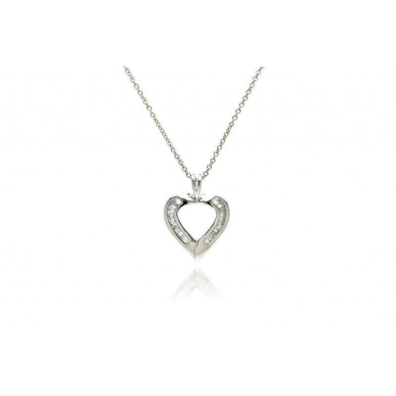 Silver 925 Clear Baguette CZ Rhodium Plated Heart Pendant Necklace - BGP00064 | Silver Palace Inc.