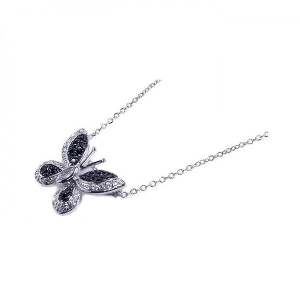 Silver 925 Black Clear CZ Rhodium Plated Butterfly Pendant Necklace - BGP00065 | Silver Palace Inc.