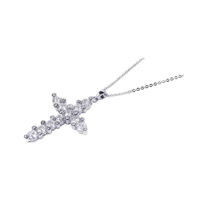 Closeout-Silver 925 Clear CZ Rhodium Plated Cross Pendant Necklace - BGP00069 | Silver Palace Inc.