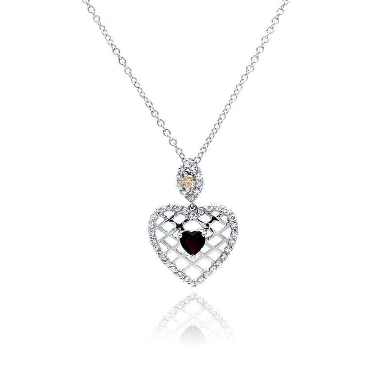 Silver 925 Red CZ Rhodium Plated Filigree Heart Pendant Necklace - BGP00072 | Silver Palace Inc.