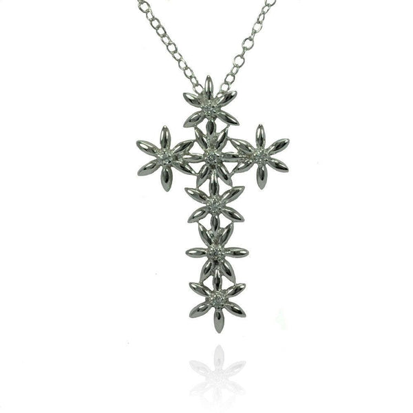Silver 925 Rhodium Plated Flower Cross CZ Inlay Necklace - BGP00794 | Silver Palace Inc.