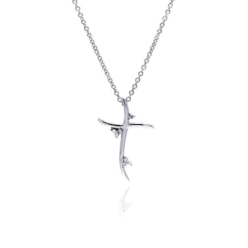Silver 925 Clear CZ Rhodium Plated Cross Pendant Necklace - BGP00078 | Silver Palace Inc.