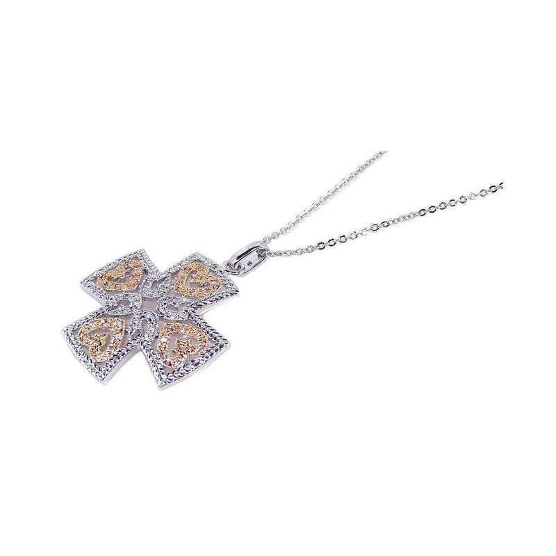 Closeout-Silver 925 Yellow Clear CZ Rhodium Gold Plated Cross Pendant Necklace - BGP00091 | Silver Palace Inc.