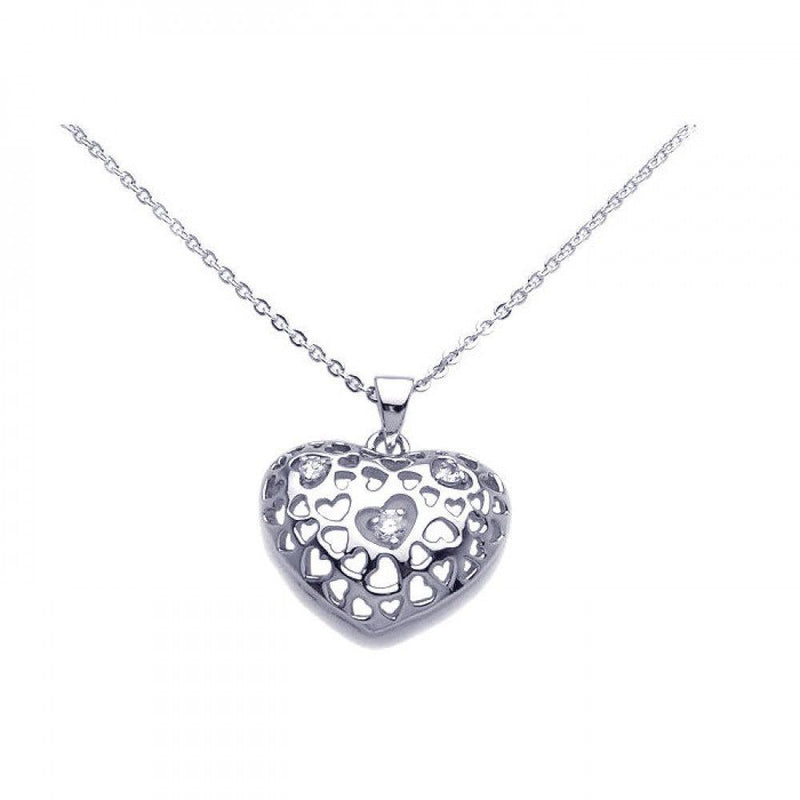 Silver 925 Clear CZ Rhodium Plated Heart Pendant Necklace - BGP00100 | Silver Palace Inc.