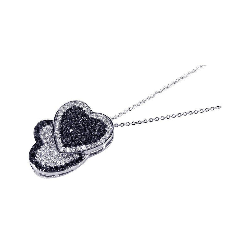 Closeout-Silver 925 Clear Black CZ Rhodium Plated Double Heart Pendant Necklace - BGP00101 | Silver Palace Inc.