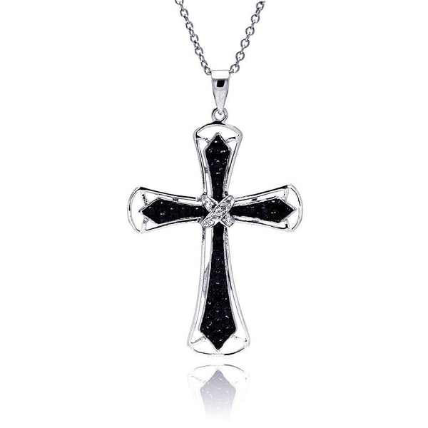 Silver 925 Black Clear CZ Rhodium Plated Cross Pendant Necklace - BGP00112 | Silver Palace Inc.