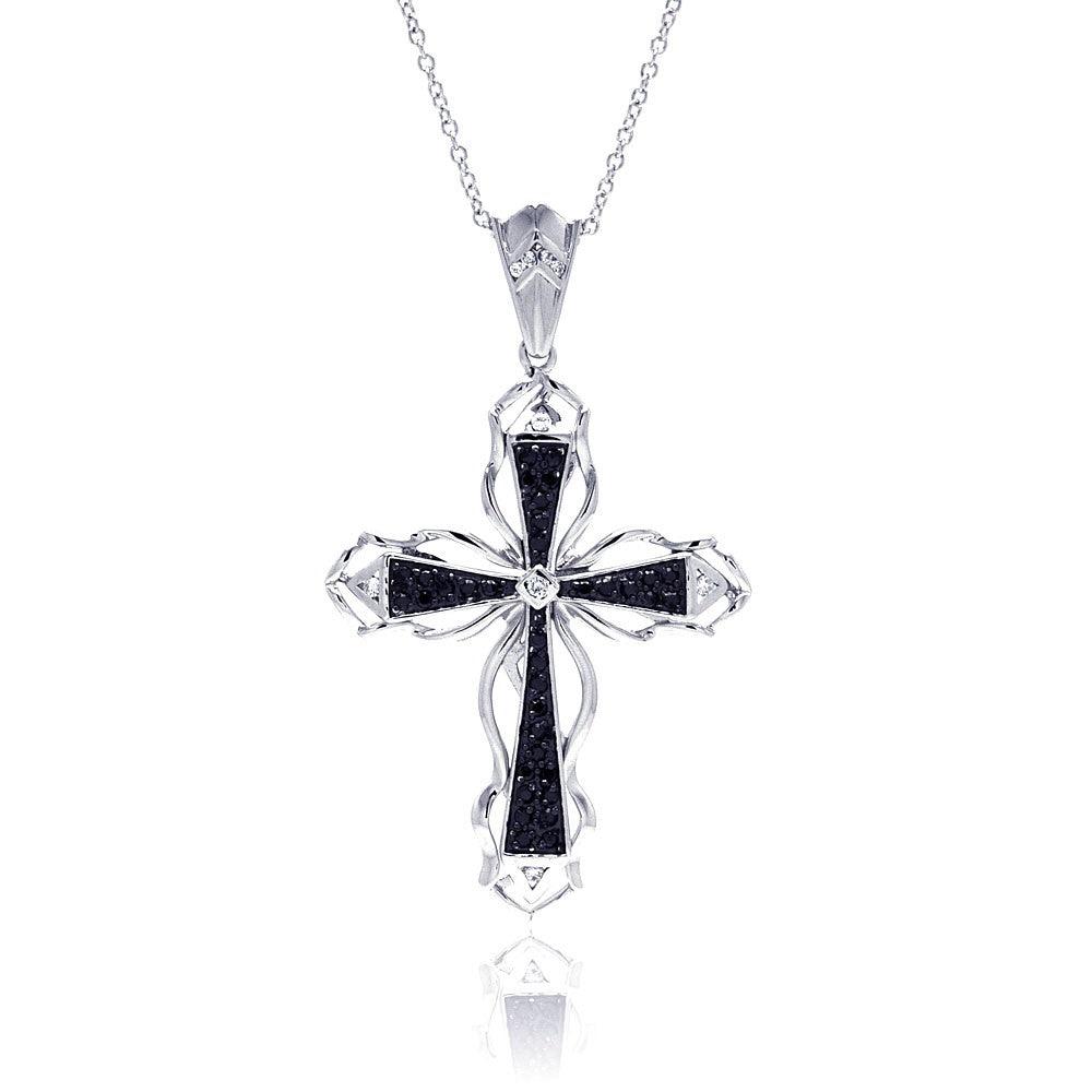 Clearance-Silver 925 Black CZ Black Rhodium Plated Cross Pendant Neckl