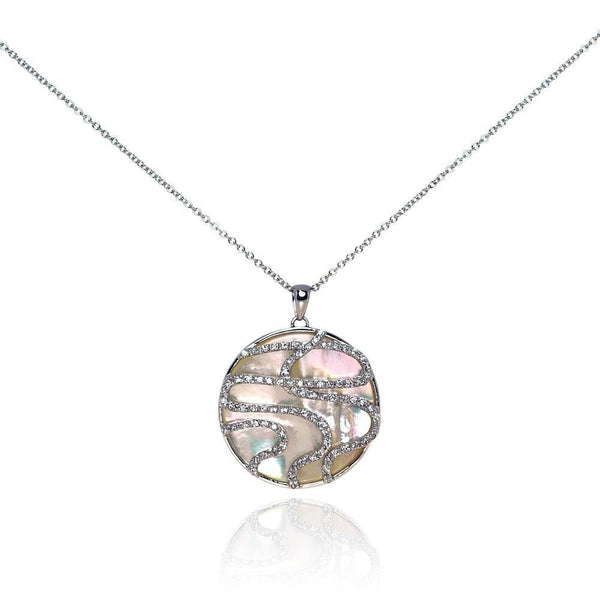 Silver 925 Clear CZ Mother Pearl Rhodium Plated Round Pendant Necklace - BGP00115 | Silver Palace Inc.