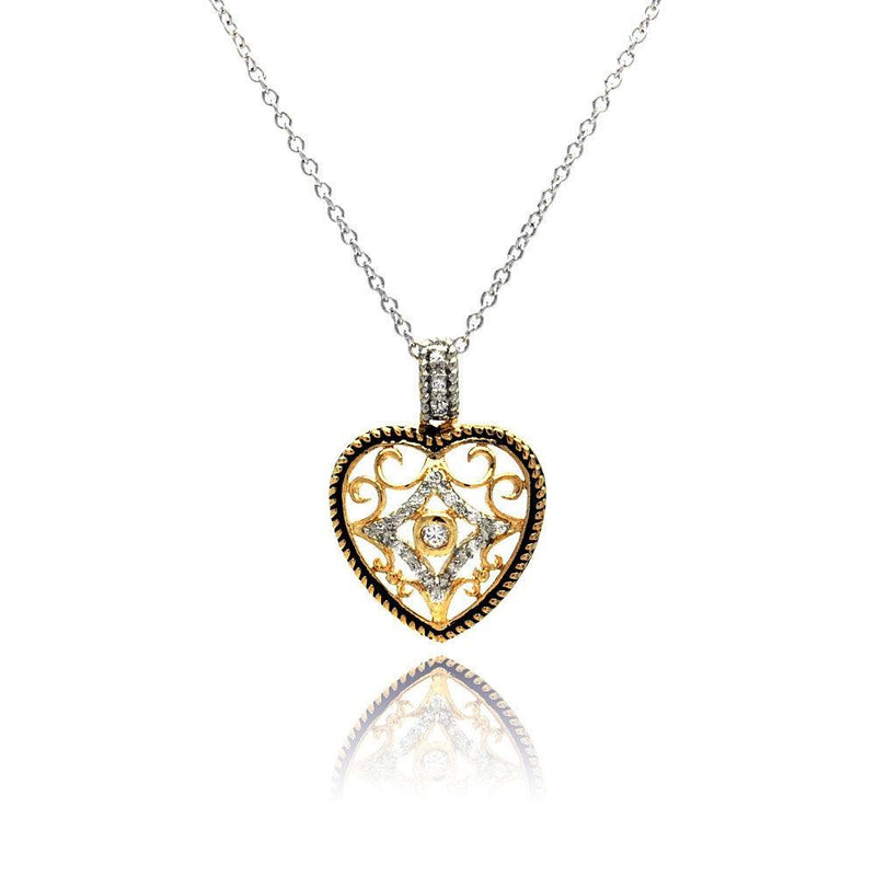 Silver 925 Clear CZ Gold Plated Heart Pendant Necklace - BGP00117 | Silver Palace Inc.