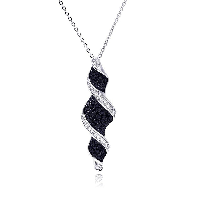 Closeout-Silver 925 Black and Clear CZ Black and Rhodium Plated Twist Drop Pendant Necklace - BGP00120 | Silver Palace Inc.