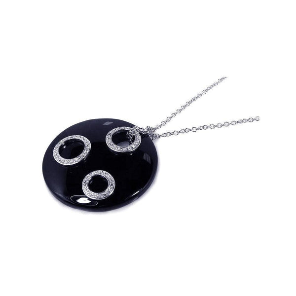 Silver 925 Clear CZ Black Onyx Rhodium Plated Circle Disc Pendant Necklace - BGP00122 | Silver Palace Inc.