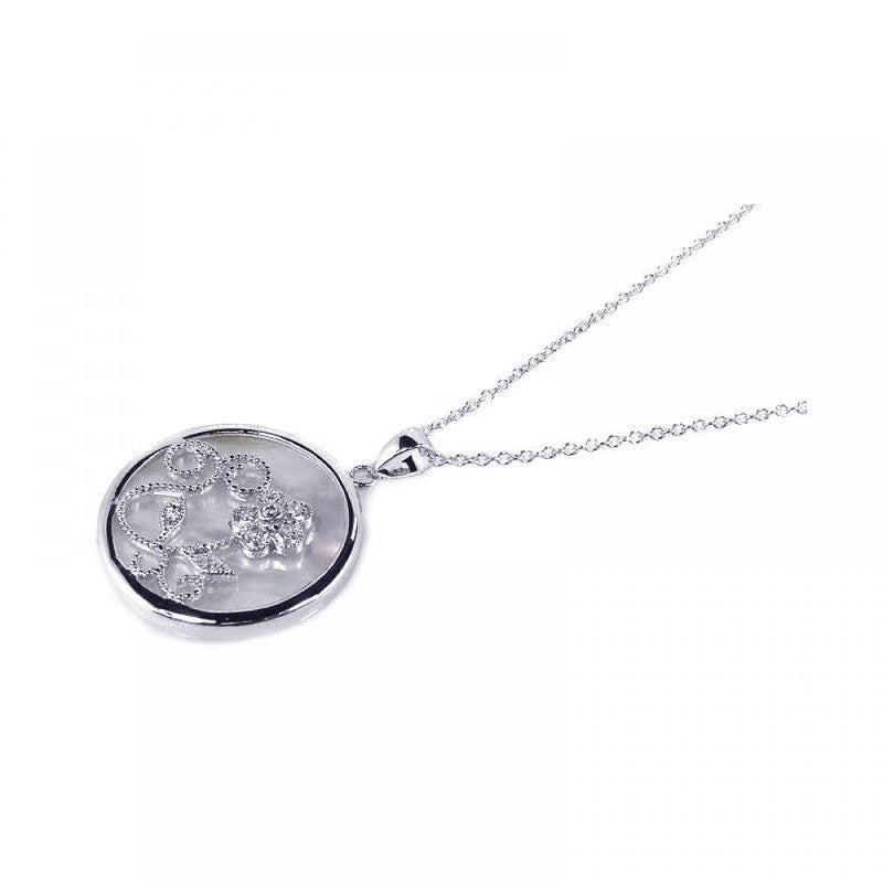 Closeout-Silver 925 Clear CZ Mother Pearl Rhodium Plated Round Circle Pendant Necklace - BGP00127 | Silver Palace Inc.