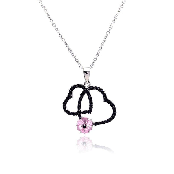 Silver 925 Black Rhodium Plated Open Double Heart CZ Pink Pearl Necklace - BGP00138 | Silver Palace Inc.