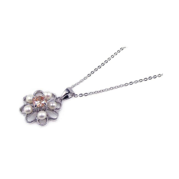 Closeout-Silver 925 Champagne CZ Rhodium Plated Flower Pendant Necklace - BGP00143 | Silver Palace Inc.