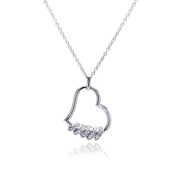 Silver 925 Clear CZ Rhodium Plated Heart Pendant Necklace - BGP00144 | Silver Palace Inc.
