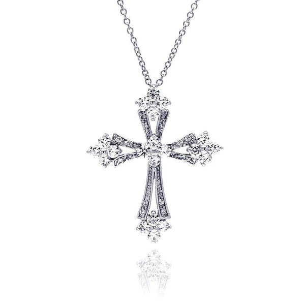 Silver 925 Clear CZ Rhodium Plated Cross Pendant Necklace - BGP00148 | Silver Palace Inc.