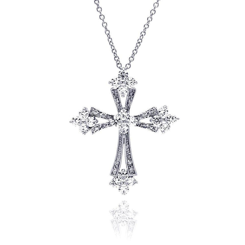 Silver 925 Clear CZ Rhodium Plated Cross Pendant Necklace - BGP00148 | Silver Palace Inc.