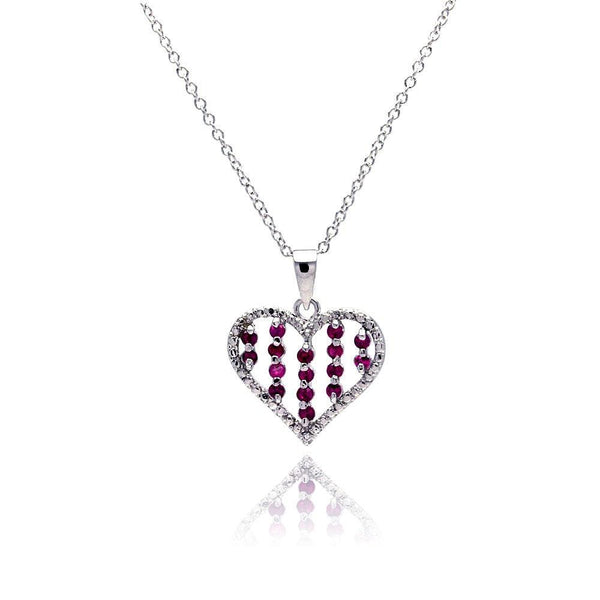 Silver 925 Red CZ Rhodium Plated Heart Pendant Necklace - BGP00149 | Silver Palace Inc.