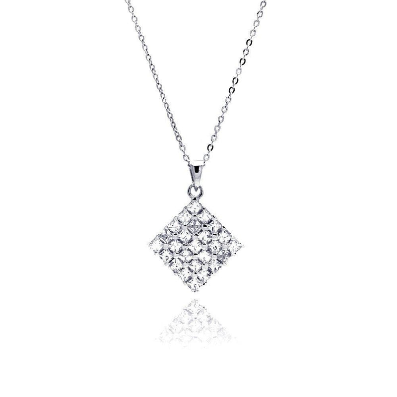 Closeout-Silver 925 Clear CZ Rhodium Plated Square Pendant Necklace - BGP00156 | Silver Palace Inc.