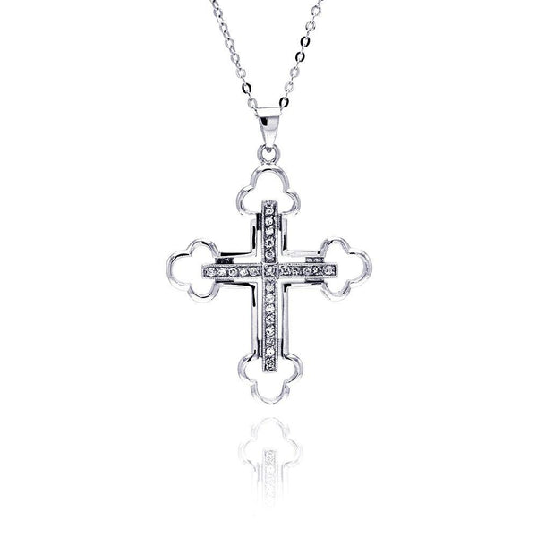 Closeout-Silver 925 Clear CZ Rhodium Plated Cross Pendant Necklace - BGP00159 | Silver Palace Inc.