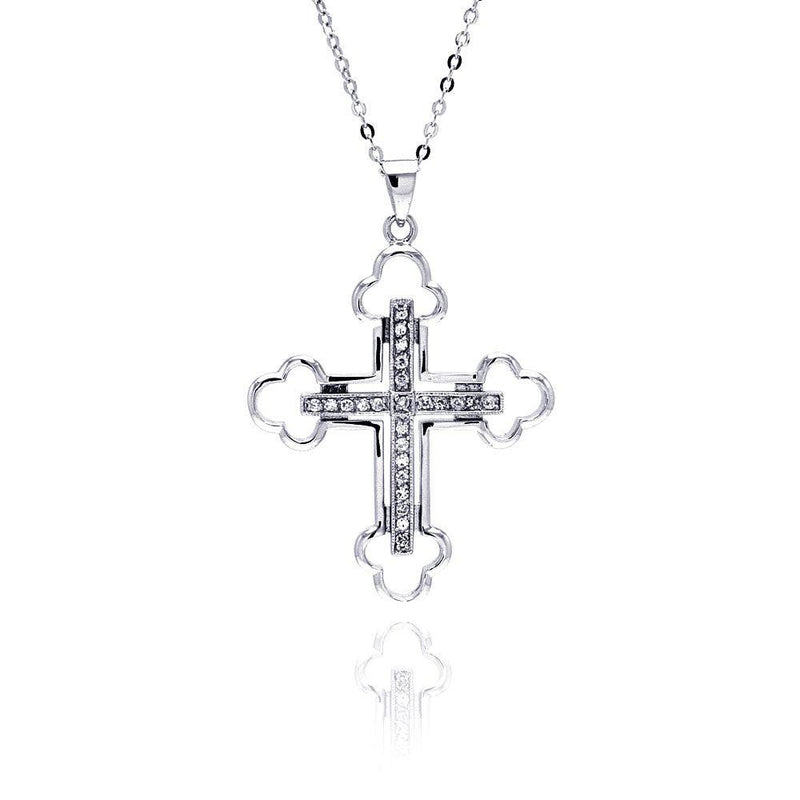 Closeout-Silver 925 Clear CZ Rhodium Plated Cross Pendant Necklace - BGP00159 | Silver Palace Inc.