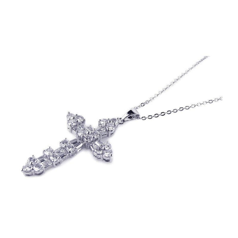 Silver 925 Clear CZ Rhodium Plated Cross Pendant Necklace - BGP00162 | Silver Palace Inc.