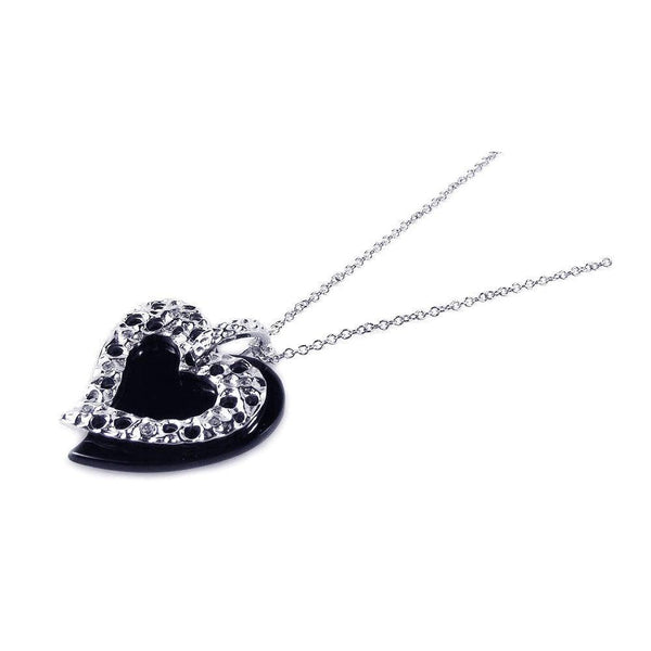 Silver 925 Black Onyx Rhodium Plated Heart Pendant Necklace - BGP00164 | Silver Palace Inc.